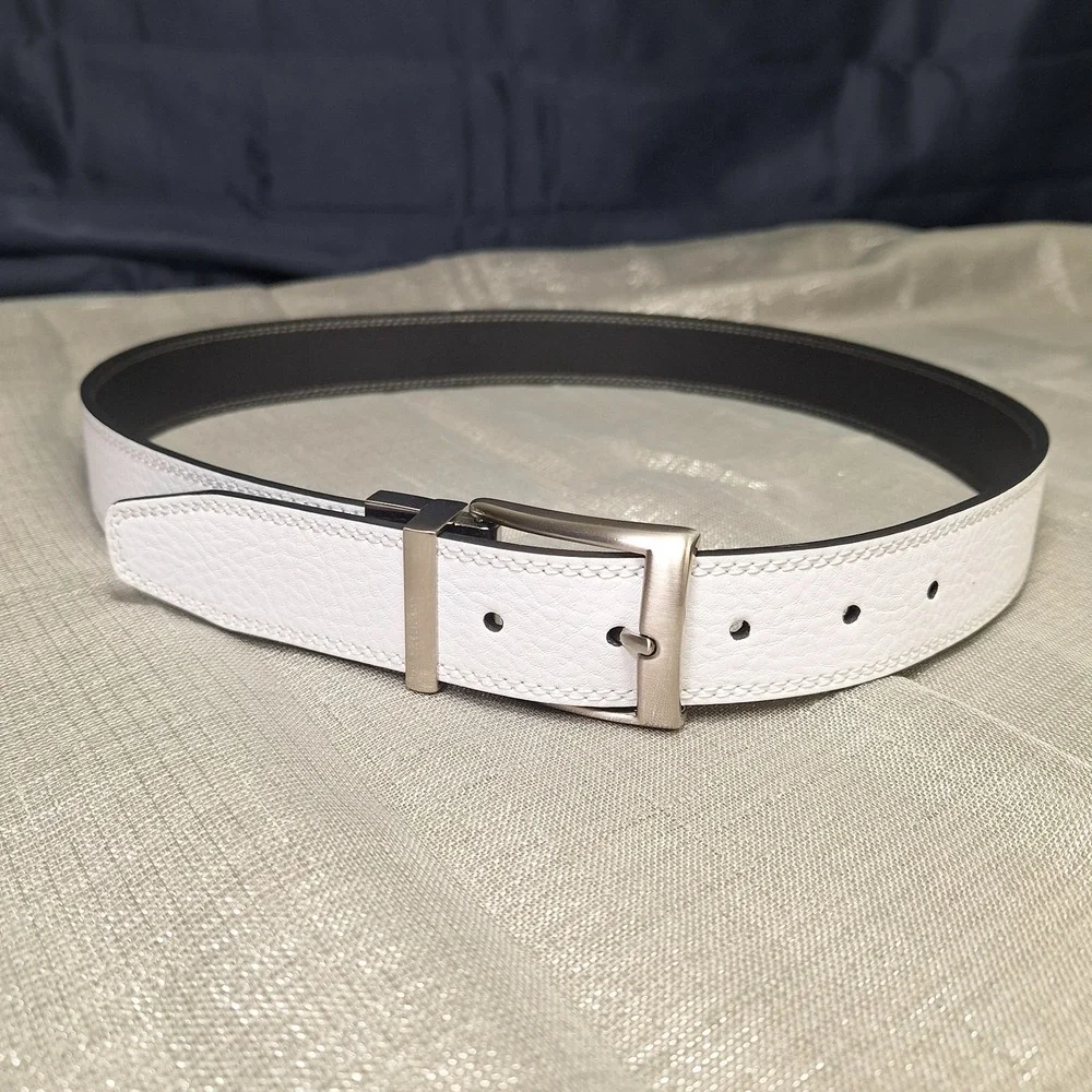 NIKE 34 Black White REVERSIBLE 100% Leather‎ Belt Blokecore Pebbled Stitch Golf